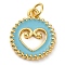 Brass Enamel Pendants, with Jump Ring, Cadmium Free & Lead Free, Real 18K Gold Plated, Flat Round with Heart Charms, Turquoise, 18.5x15.5x2.5mm, Hole: 3.4mm