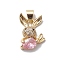 Rack Plating Brass Cubic Zirconia Charms, Long-Lasting Plated, Cadmium Free & Lead Free, Real 18K Gold Plated, Rabbit with Carrot Charm, Pink, 18x13x4mm, Hole: 3x5mm