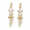 Brass Micro Pave Cubic Zirconia Peg Bails Charms, for Half Drilled Beads, Nickel Free, Clear, Real 18K Gold Plated, 13x2.5x2.5mm, Hole: 1.6mm, Pin: 1mm