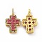 Brass Micro Pave Clear Cubic Zirconia Pendants, Cadmium Free & Lead Free, Cross, Religion, Cerise, 24x17x5mm, Hole: 3.5x5~5.5mm
