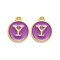 Golden Plated Alloy Enamel Charms, Enamelled Sequins, Flat Round with Alphabet, Letter.Y, Purple, 14x12x2mm, Hole: 1.5mm