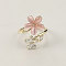 Brass Micro Pave Cubic Zirconia Cuff Rings, Flower, with Cat Eye, Pink, Inner Diameter: 17mm