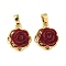 Brass Resin Pendants, Rose, Real 18K Gold Plated, Red, 15.5x13x6.5mm, Hole: 4x2mm