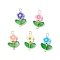 5Pcs 5 Colors Handmade Polymer Clay Flower Connector Charms with Glass Leaf, with 304 Stainless Steel Double Loops, Golden, Mixed Color, 23~23.5x13.5~14x4mm, Hole: 1.6mm and 3x2.5mm, 1pc/color