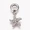 304 Stainless Steel Rhinestone European Dangle Charms, Large Hole Pendants, Starfish/Sea Stars, Antique Silver, 25mm, Hole: 5mm, Pendant: 15x12x3mm
