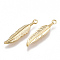 Brass Pendants, Feather, Nickel Free, Real 18K Gold Plated, 20.5x4.5x1mm, Hole: 1mm