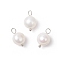 Natural Cultured Freshwater Pearl Round Charms, with Brass Loops, Creamy White, Platinum, 14~14.5x8.5~9mm, Hole: 2.5mm