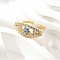 Brass Micro Pave Cubic Zirconia Cuff Rings for Women, Evil Eye with Flower, Golden, 11mm