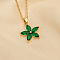 Plum Blossom Flower Brass Cubic Zirconia Pendant Necklaces for Women, Golden, Green, 15.75 inch(40cm)