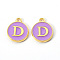Golden Plated Alloy Enamel Charms, Enamelled Sequins, Flat Round with Letter, Medium Purple, Letter.D, 14x12x2mm, Hole: 1.5mm