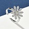 Brass Micro Pave Cubic Zirconia Cuff Open Rings, Flower, Long-Lasting Plated, Rack Plating, Lead Free & Cadmium Free, Platinum, 16x16mm