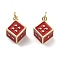 Brass Enamel Pendants, with Jump Ring, Cadmium Free & Nickel Free & Lead Free, Dice Charms, Real 18K Gold Plated, FireBrick, 17x12.5x9.5mm, Hole: 3mm