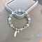 Feather Alloy Cat Eye Round Beaded Charm Bracelets, Platinum, 7-1/8~8-5/8 inch(18~22cm)
