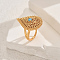 Brass Micro Pave Cubic Zirconia Adjustable Finger Rings for Women, Teardrop, Golden, Turquoise, Teardrop: 29x20mm, Inner Diameter: Adjustable