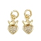 Brass Micro Pave Cubic Zirconia Pendants, Heart with Crown Charms, with Jump Ring, Real 16K Gold Plated, 12.5x6.5x2mm, Hole: 3.5mm