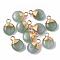 Natural Green Aventurine Pendants, with Golden Tone Brass Wires and Iron Loops, Half Drilled, Flat Round, 14~15x10~11x5~6mm, Hole: 1.5~2mm