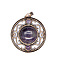 Retro Hollow Natural Amethyst Pendants, Flat Round Pendants, with Red Copper Metal Finding , 36x33mm