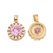 Brass Micro Pave Cubic Zirconia Charms, Cadmium Free & Nickel Free & Lead Free, Flat Round, Clear & Pink, Real 18K Gold Plated, 13.5x12.5x6.5mm, Hole: 2.8x5mm