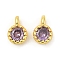 Brass Pave Cubic Zirconia Pendants, Single Stone Charms, Flat Round, Rack Plating, Long-Lasting Plated, Golden, Purple, 6.5~7x4.5~5x3mm, Hole: 1mm