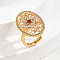 Brass Micro Pave Cubic Zirconia Hollow Geometric Adjustable Finger Rings, Oval with Flower Pattern, Red, 26x18mm, Inner Diameter: Adjustable