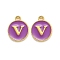 Golden Plated Alloy Enamel Charms, Enamelled Sequins, Flat Round with Alphabet, Letter.V, Purple, 14x12x2mm, Hole: 1.5mm
