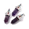 Natural Amethyst Big Pointed Pendants, 7 Chakra Faceted Bullet Charms, with Platinum Plated Brass Findings and Colorful Rhinestone, Cadmium Free & Lead Free, 55x22.5x16mm, Hole: 8x5mm