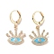 Real 18K Gold Plated Brass Dangle Leverback Earrings, with Enamel and Cubic Zirconia, Evil Eye, Sky Blue, 30.5x16.5mm