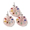 Natural Rose Quartz Pendants, with Platinum Brass Findings, Donut/Pi Disc with Beaded Charms, 41~42x31x11.5~12.5mm, Hole: 5~5.5x3mm