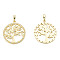 Brass Micro Pave Clear Cubic Zirconia Pendants, with Brass Snap on Bails, Nickel Free, Hollow, Flat Round with Tree, Real 18K Gold Plated, 24x21.5x1.5mm, Hole: 3.5x5mm