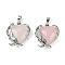 Natural Rose Quartz Pendants, Brass Flower Charms, Rack Plating, Long-Lasting Plated, Lead Free & Cadmium Free, Platinum, 27x24x8mm, Hole: 8x5mm