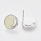 Brass Stud Earring Findings, with Enamel and Loop, Flat Round with Moon, Real Platinum Plated, Nickel Free, Pale Goldenrod, 14x4mm, Hole: 1mm, Pin: 1mm