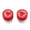 Handmade Polymer Clay Beads, Flat Round with Heart, Red, 9.5~10x4.5~5mm, Hole: 1.6mm