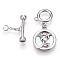 White Shell Toggle Clasps, with Brass Findings, Cadmium Free & Nickel Free & Lead Free, Flat Round with Rose, Platinum, 41.5mm, T Clasps: 5.5x18x4mm, O Clasps: 12x12x1mm