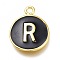 Brass Enamel Pendants, Long-Lasting Plated, Black, Golden, Flat Round, Letter.R, 16.5x13x2mm, Hole: 1.5mm