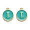 Golden Plated Alloy Enamel Charms, Enamelled Sequins, Flat Round with Alphabet, Letter.I, Green, 14x12x2mm, Hole: 1.5mm