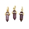 Natural Amethyst Double Terminal Pointed Pendant, Faceted Bullet Charms with Brass Findings, Ion Plating(IP), Golden, 21x7x7.5mm, Hole: 3.5x2mm