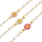 Brass Flower Link Chains, with Enamel and ABS Imitation Pearl, Soldered, Cadmium Free & Nickel Free & Lead Free, with Spool, Golden, 12.5x7.5x2mm, about 32.81 Feet(10m)/Roll