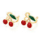 Brass Enamel Cuff Earrings, Cherry, Real 18K Gold Plated, 13x13mm