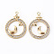 Brass Micro Pave Clear Cubic Zirconia Pendants, Flat Round with Moon and Star, Nickel Free, Real 18K Gold Plated, 24x18x2mm, Hole: 1.5mm