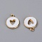 Zinc Alloy Enamel Charms, Flat Round with Hollow Heart, Light Gold, White, 14x12x2mm, Hole: 1.5mm