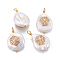 Natural Cultured Freshwater Pearl Pendants, with Brass Micro Pave Cubic Zirconia Findings, Nuggets with Hexagon, Golden, Clear, 17~26x11~16x5~11mm, Hole: 1.6~2mm