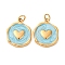 304 Stainless Steel Enamel Pendants, Flat Round with Heart Charm, with Jump Ring, Ion Plating(IP), Real 18K Gold Plated, Deep Sky Blue, 15.5x12.5x2.5mm, Hole: 2.5mm