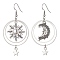 Tibetan Style Alloy Sun & Moon & Star Asymmetrical Earrings, Brass Ring Drop Earrings with 304 Stainless Steel Pins, Antique Silver, 70x35mm