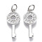 Brass Micro Pave Clear Cubic Zirconia Pendants, with Jump Rings, Key, Nickel Free, Real Platinum Plated, 20.5x9x2mm, Jump Rings: 5x1mm, Inner Diameter: 3mm