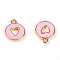 Zinc Alloy Enamel Charms, Flat Round with Hollow Heart, Light Gold, Pink, 14x12x2mm, Hole: 1.5mm