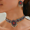 Oval Alloy Rhinestone Choker Necklace & Stud Earrings Sets for Women, Antique Silver, Ruby, 420mm