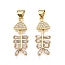 Brass Micro Pave Cubic Zirconia Pendants, Cadmium Free & Lead Free, Fish Bone Charms, Real 18K Gold Plated, 26x9.5x3mm, Hole: 3x5mm