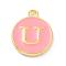 Golden Plated Alloy Enamel Charms, Enamelled Sequins, Flat Round with Alphabet, Letter.U, Pink, 14x12x2mm, Hole: 1.5mm