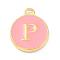 Golden Plated Alloy Enamel Charms, Enamelled Sequins, Flat Round with Alphabet, Letter.P, Pink, 14x12x2mm, Hole: 1.5mm