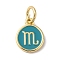 Real 18K Gold Plated Brass Enamel Charms, with Jump Ring, Long-Lasting Plated, Lead Free & Cadmium Free, Flat Round with Scorpio Charms, Dark Cyan, 10x8x1mm, Hole: 4mm
